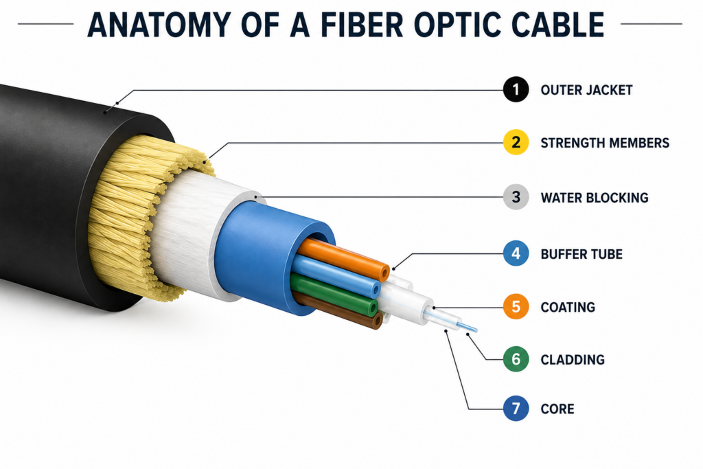 Diagram showing the anatomy of a fiber optic cable, including the outer jacket, strength members, water blocking, buffer tube, coating, cladding, and optical fiber core.