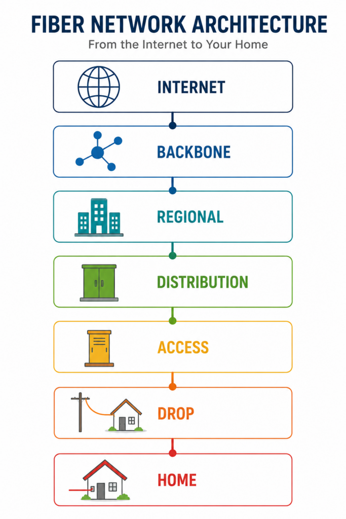 Modern fiber optic network architecture from backbone to home.