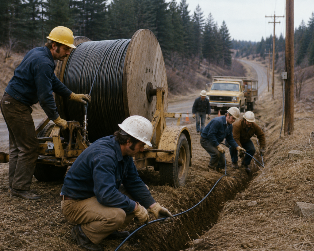 Early fiber optic construction during the evolution of fiber communications.