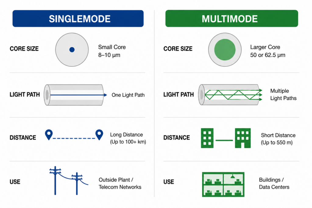 Comparison of singlemode fiber and multimode fiber showing differences in core size, light path, transmission distance, and common applications in fiber optic networks.