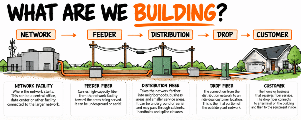 Diagram showing a fiber network path from the network facility through feeder fiber, distribution fiber, drop fiber, and finally to the customer.