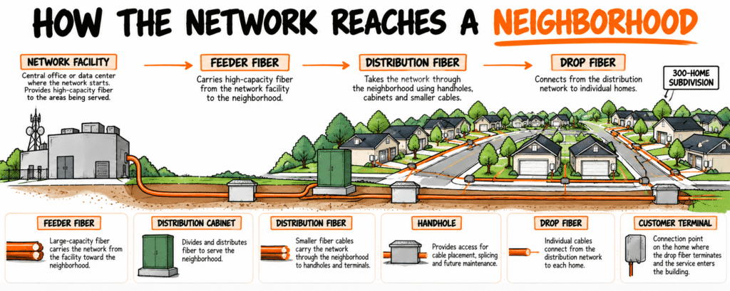 Diagram showing feeder fiber entering a neighborhood, distribution fiber traveling through the subdivision, and drop fiber connecting individual homes.