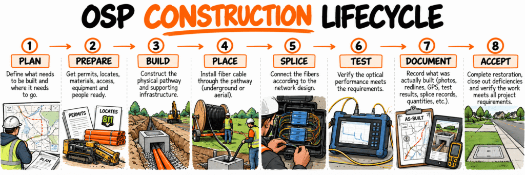 Diagram showing the OSP fiber construction lifecycle from planning and preparation through building, fiber placement, splicing, testing, documentation, and acceptance.
