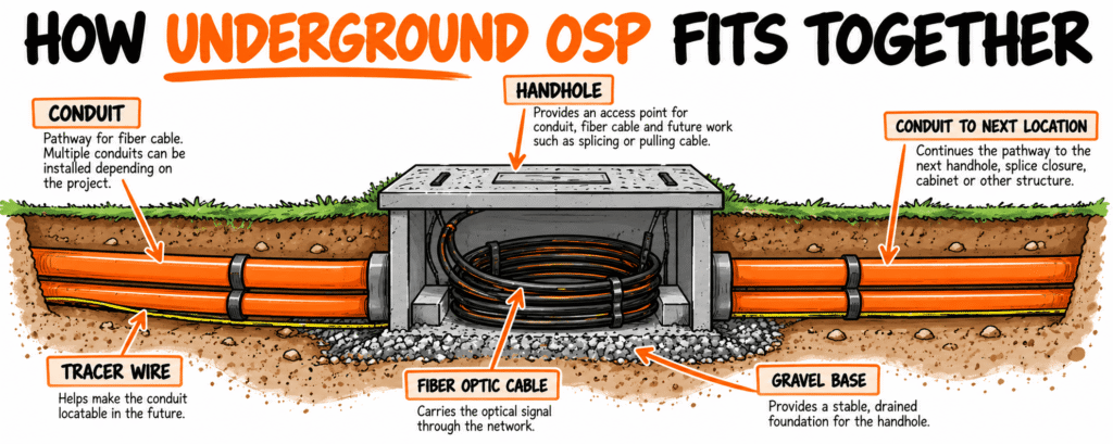 Underground OSP diagram showing fiber conduit entering a handhole with fiber-optic cable, tracer wire, and a gravel base.