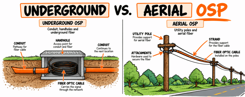 Comparison of underground OSP fiber using conduit and handholes with aerial OSP fiber installed on utility poles.