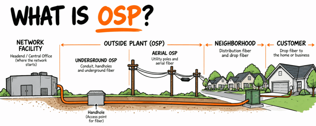 Diagram showing an OSP fiber network connecting a network facility through underground and aerial outside plant infrastructure to a neighborhood and customer.