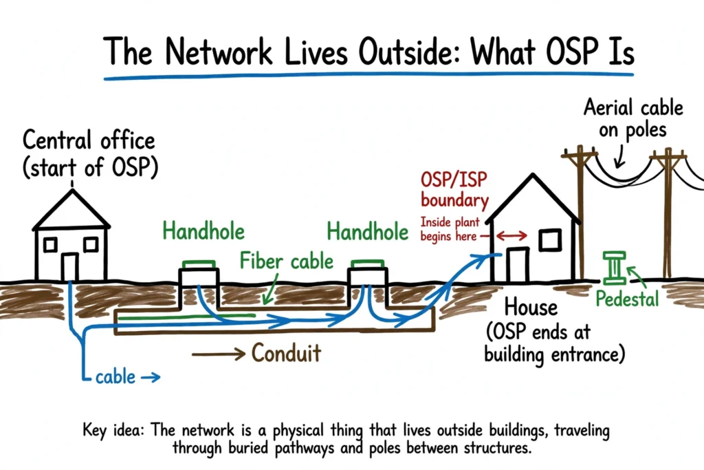 Whiteboard illustration: the network lives outside, what OSP is