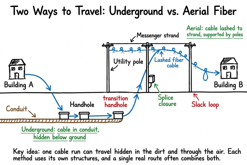 Whiteboard illustration: underground vs. aerial fiber construction