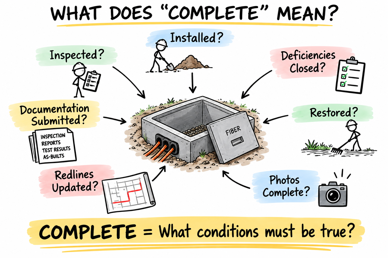 Graphic titled 'What Does Complete Mean?' around an open fiber handhole, asking: installed? inspected? deficiencies closed? documentation submitted (inspection reports, test results, as-builts)? restored? redlines updated? photos complete? Complete means the conditions that must be true are defined first.
