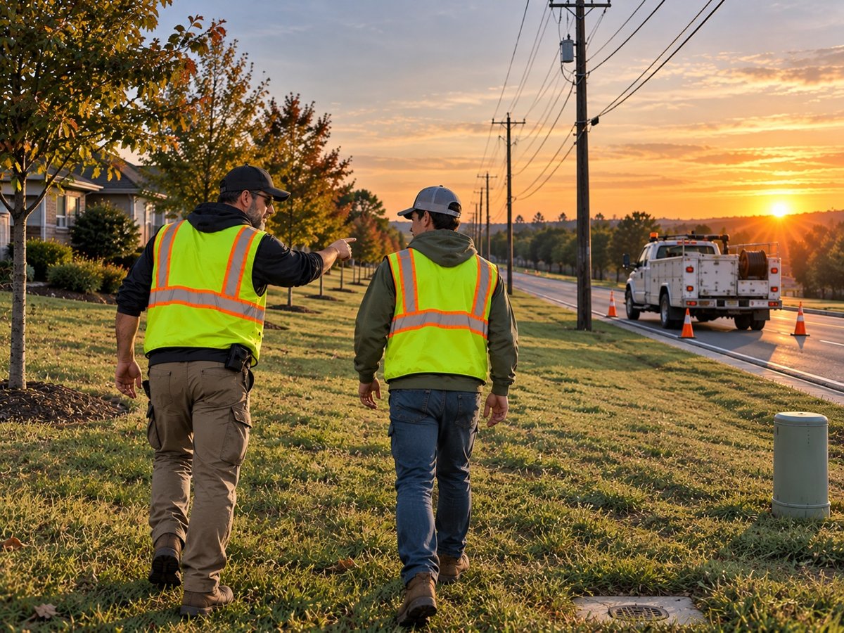 Fiber construction foreman walking a pole line with a crew member at sunrise