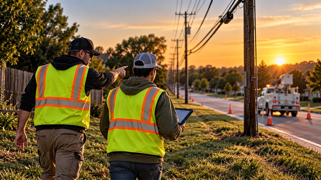 Inspector walking a pole line with a trainee, tablet in hand