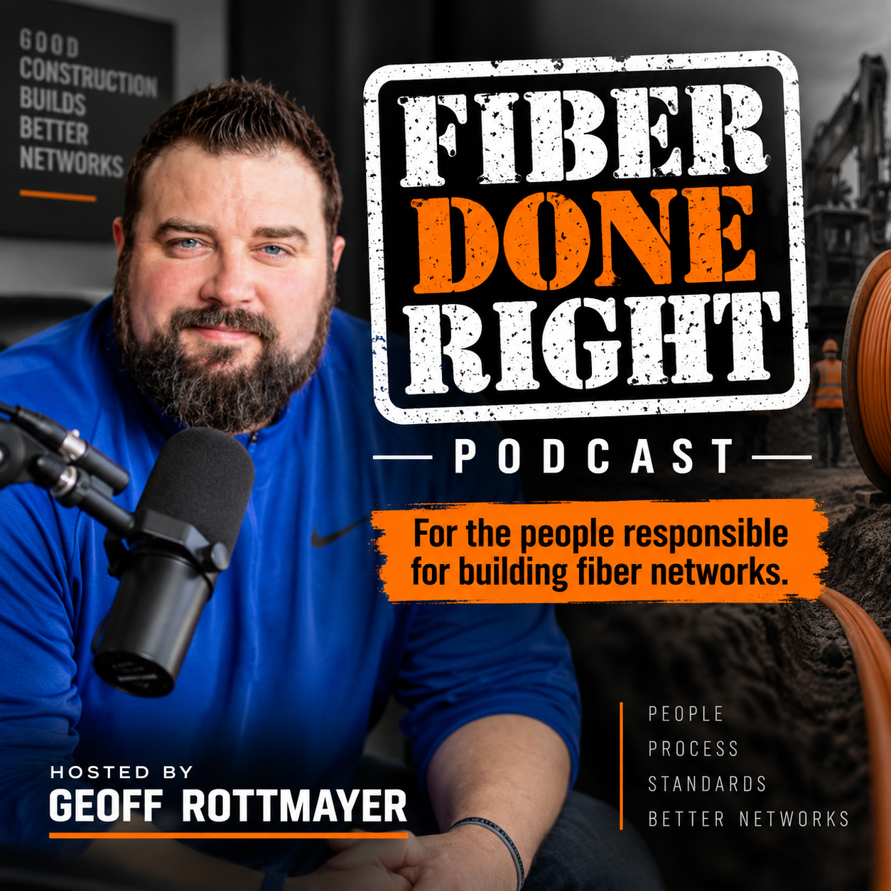 Fiber Done Right Podcast cover art: host Geoff Rottmayer seated at a microphone. Tagline: 'For the people responsible for building fiber networks.' Topics: people, process, standards, better networks.