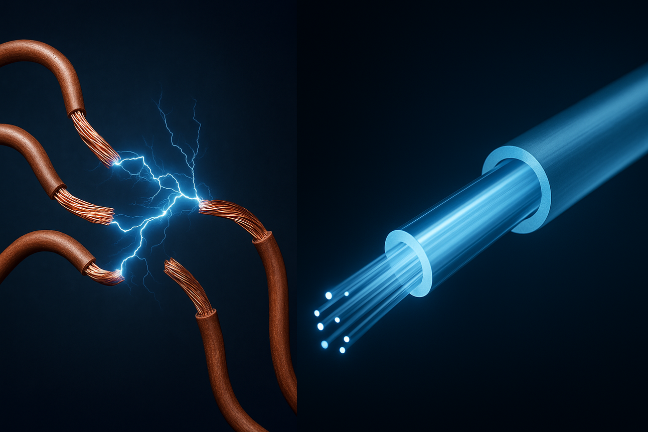 Side-by-side illustration: copper wires sparking between their exposed strands on the left, and a fiber optic cable with light shining from its strands on the right.