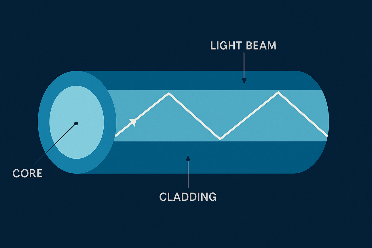Diagram of a fiber optic strand labeled core and cladding, with a light beam zigzagging down the core by total internal reflection.